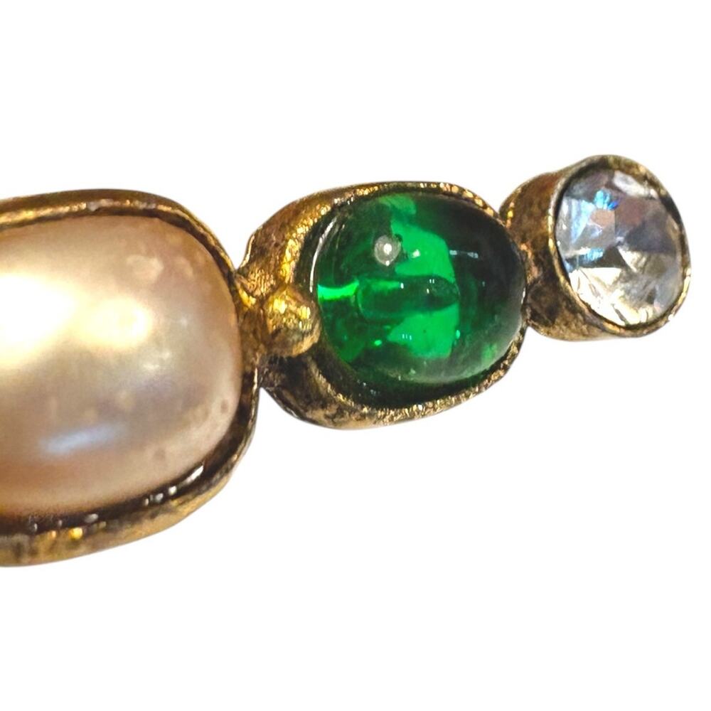 Vintage CHANEL 1986 Gripoix Glass Cabochon Bar Brooch Pearl Green CC Logo - Picture 8 of 14